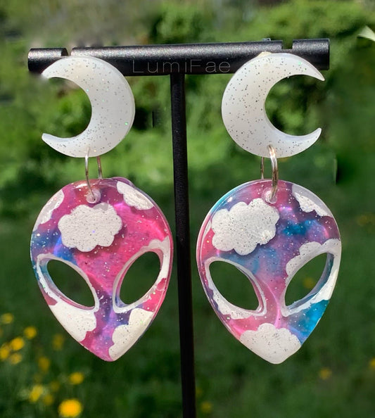 Pink Blue Clouds Glitter Moons Alien Stud Earrings, Sterling Silver, One-of-A-Kind - LumiFae