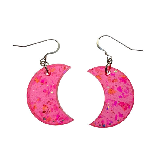 Pink Glitter Crescent Moon Earrings, Sterling Silver - LumiFae