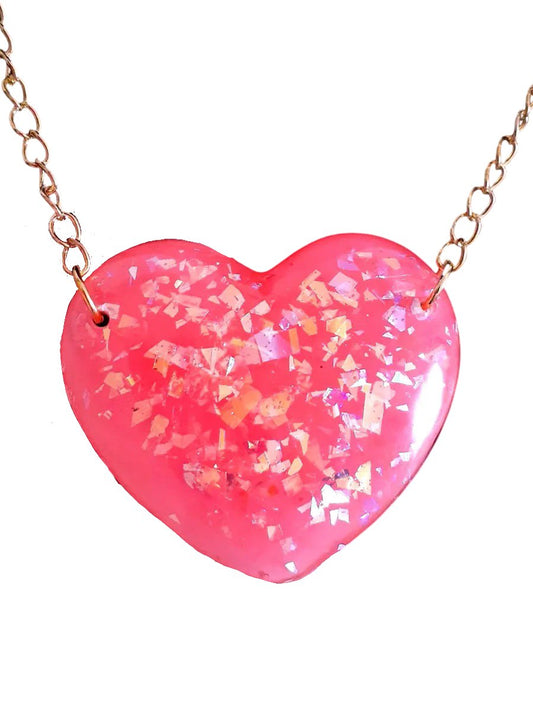 Pink Glitter Heart Necklace on Gold Plated Chain, 2” - LumiFae