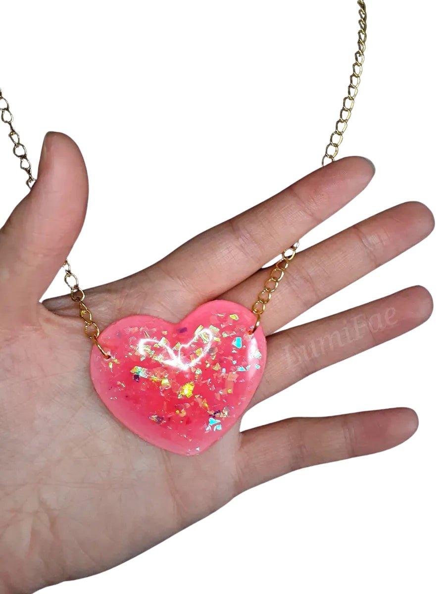 Pink Glitter Heart Necklace on Gold Plated Chain, 2” - LumiFae