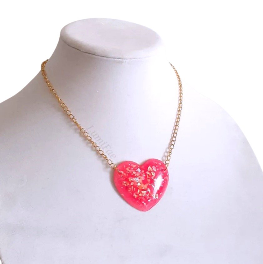 Pink Glitter Heart Necklace on Gold Plated Chain, 2” - LumiFae