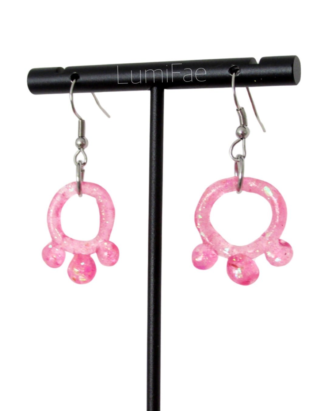 Pink Mini Dotted Circle Earrings, translucent, glitter - LumiFae