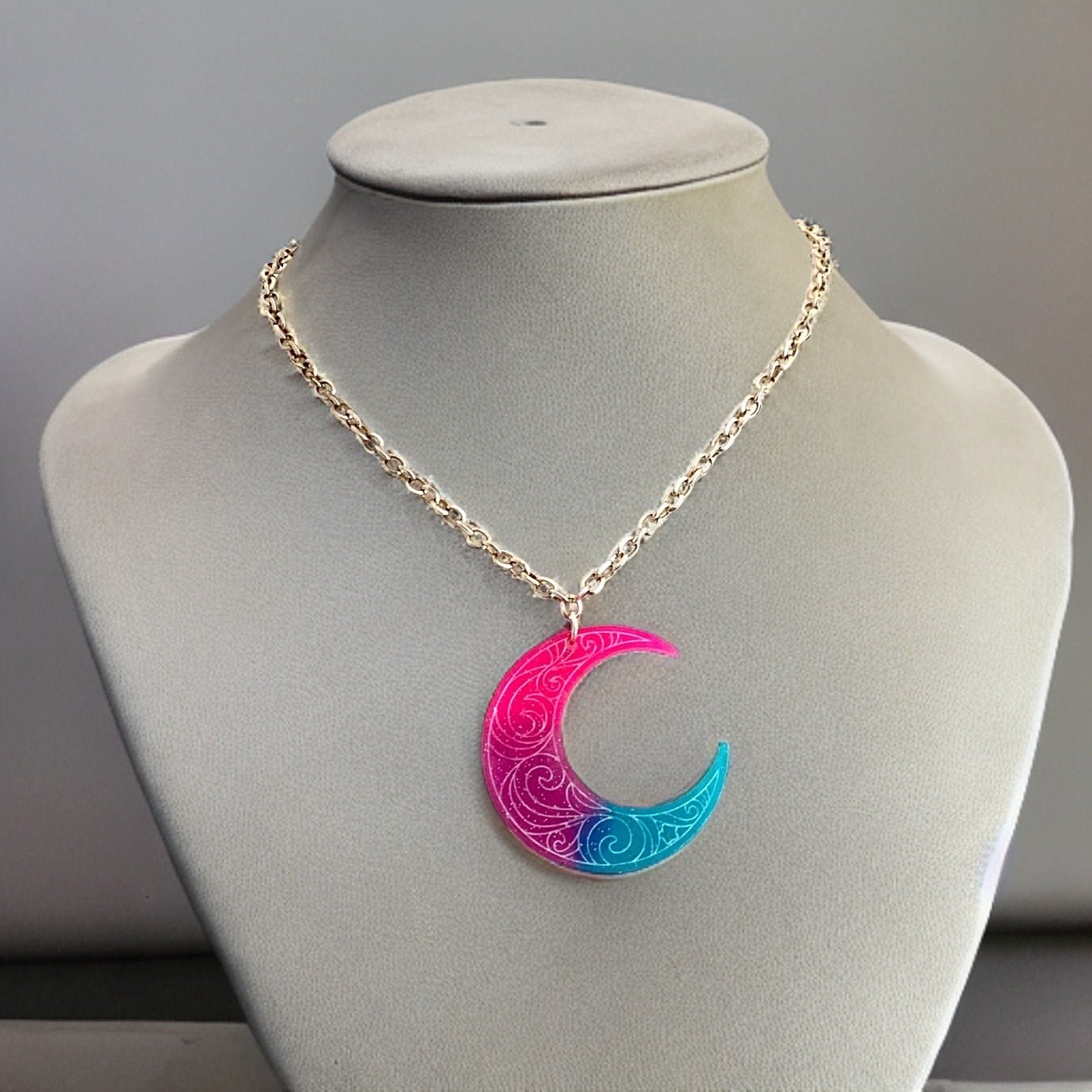 Pink Purple Blue Etched Crescent Moon Pendant - LumiFae