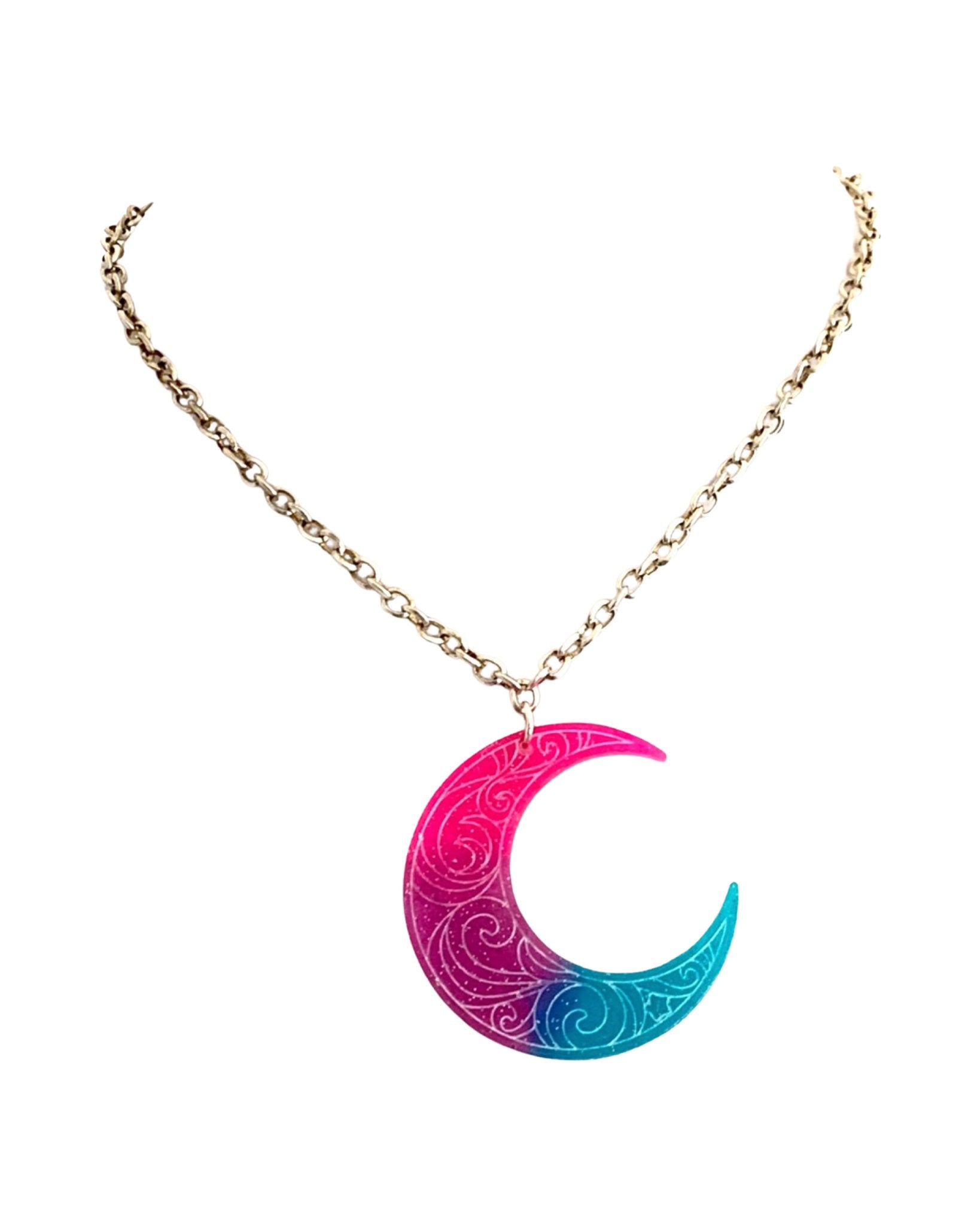 Pink Purple Blue Etched Crescent Moon Pendant - LumiFae