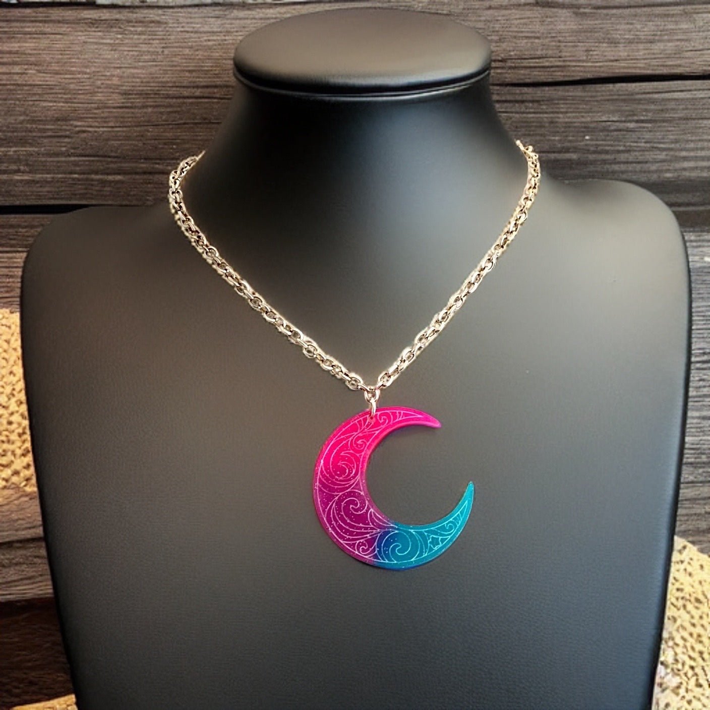 Pink Purple Blue Etched Crescent Moon Pendant - LumiFae