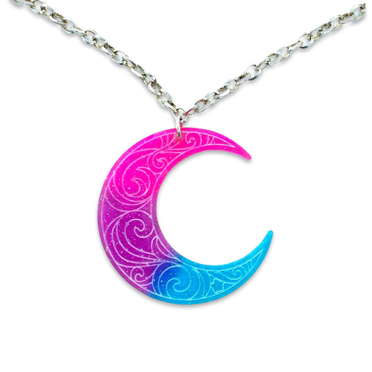Pink Purple Blue Etched Crescent Moon Pendant - LumiFae