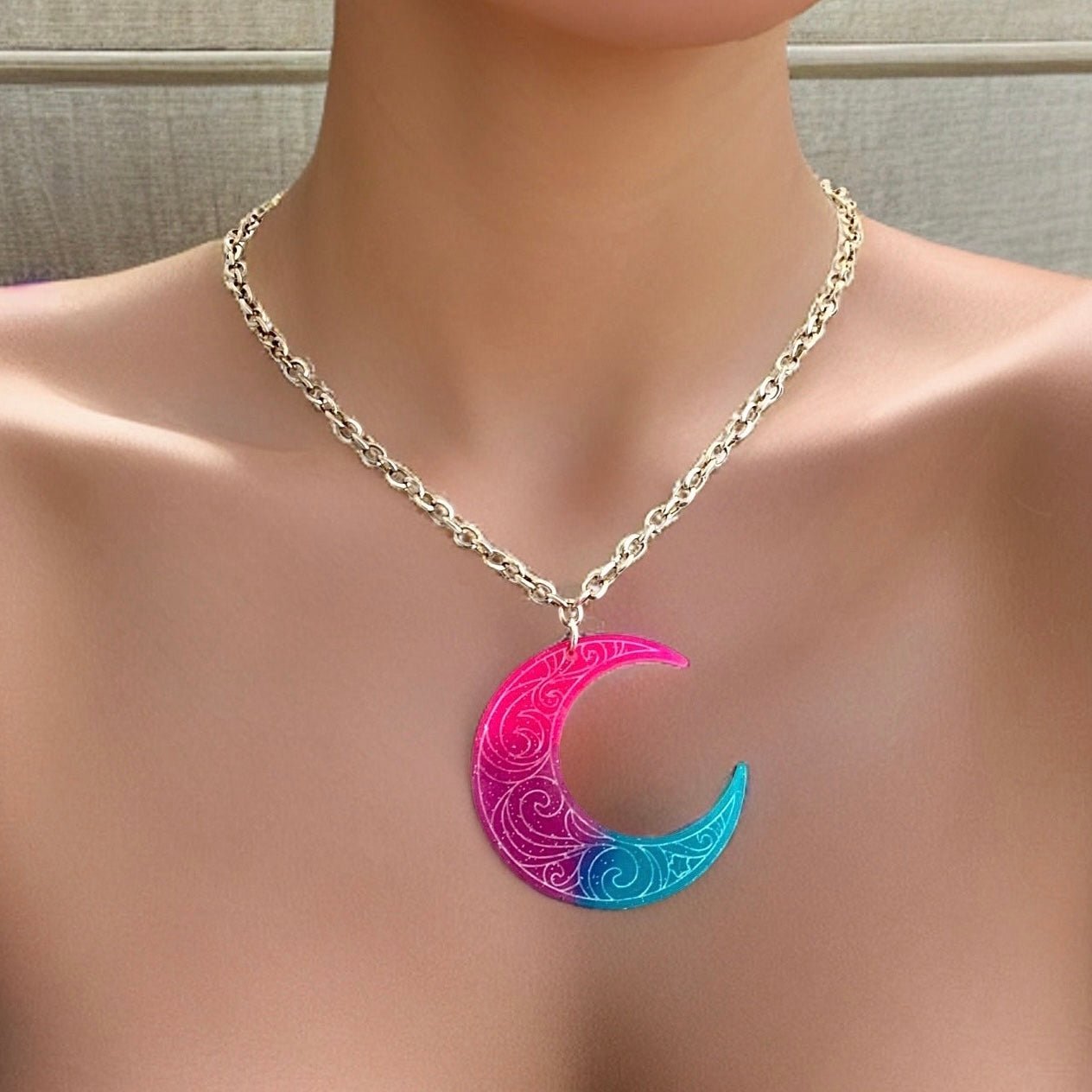 Pink Purple Blue Etched Crescent Moon Pendant - LumiFae