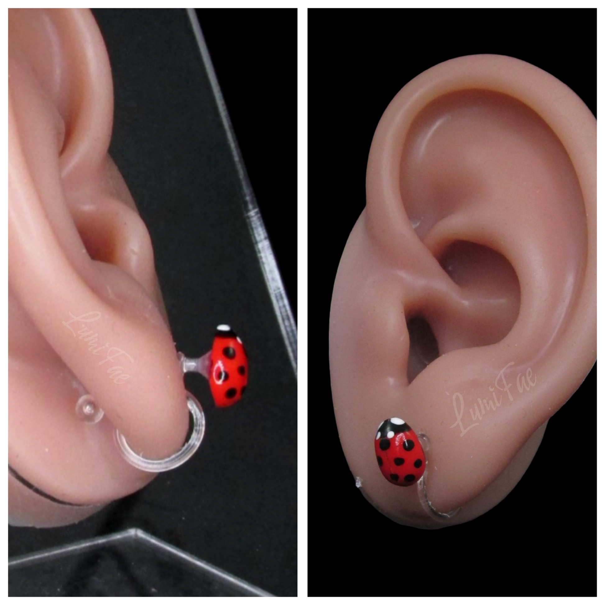 Close-up of an ear with a red ladybug clip-on plastic earring shown at two angles against a black backdrop.