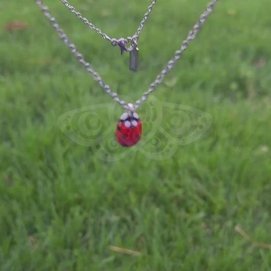 Bright red glossy ladybug pendant on dainty silver chain being handled and moved around to show details,  grass in the background.