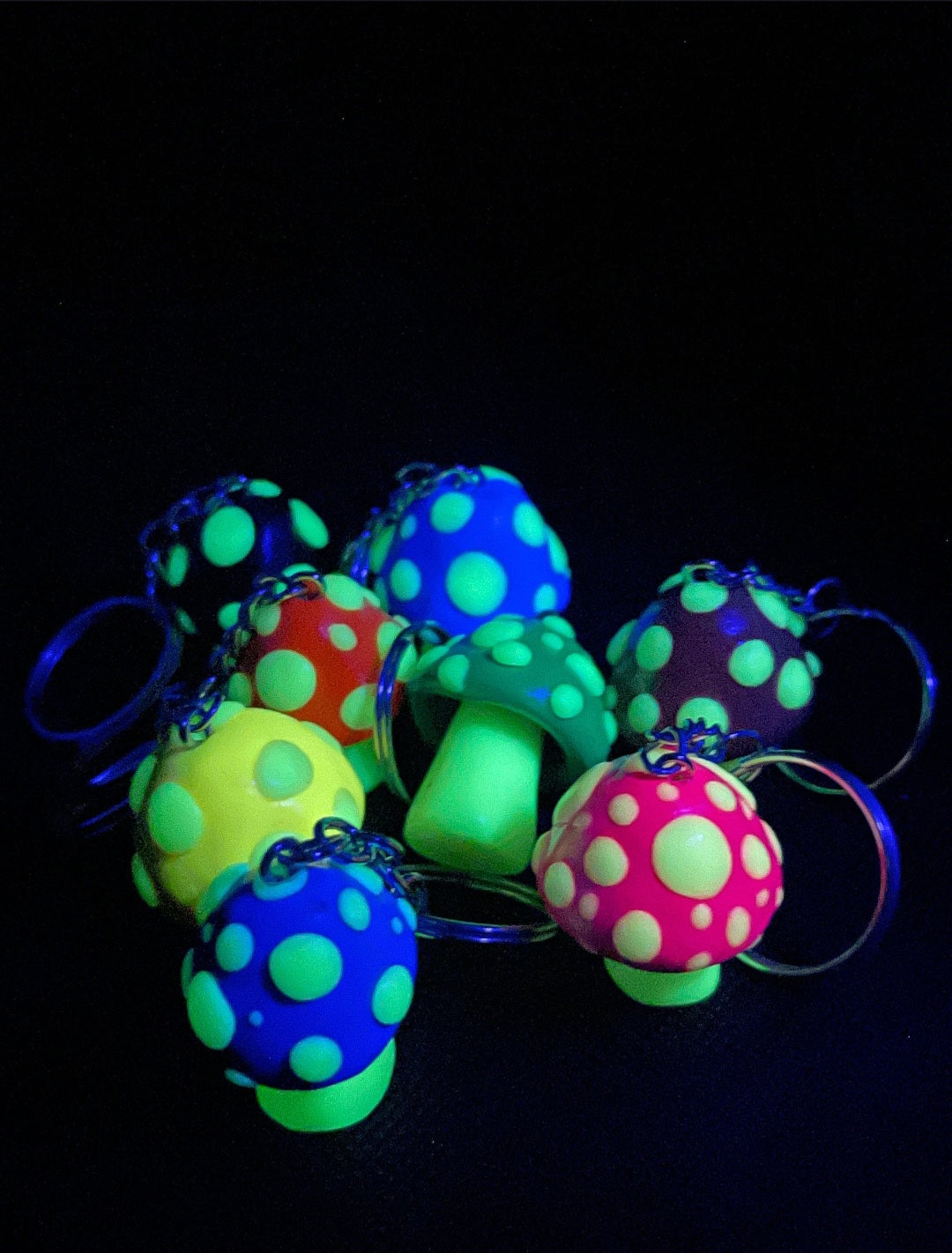 Glow-in-the-Dark Spotted Mushroom Keychain Charm  Blacklight, UV reactive, glow