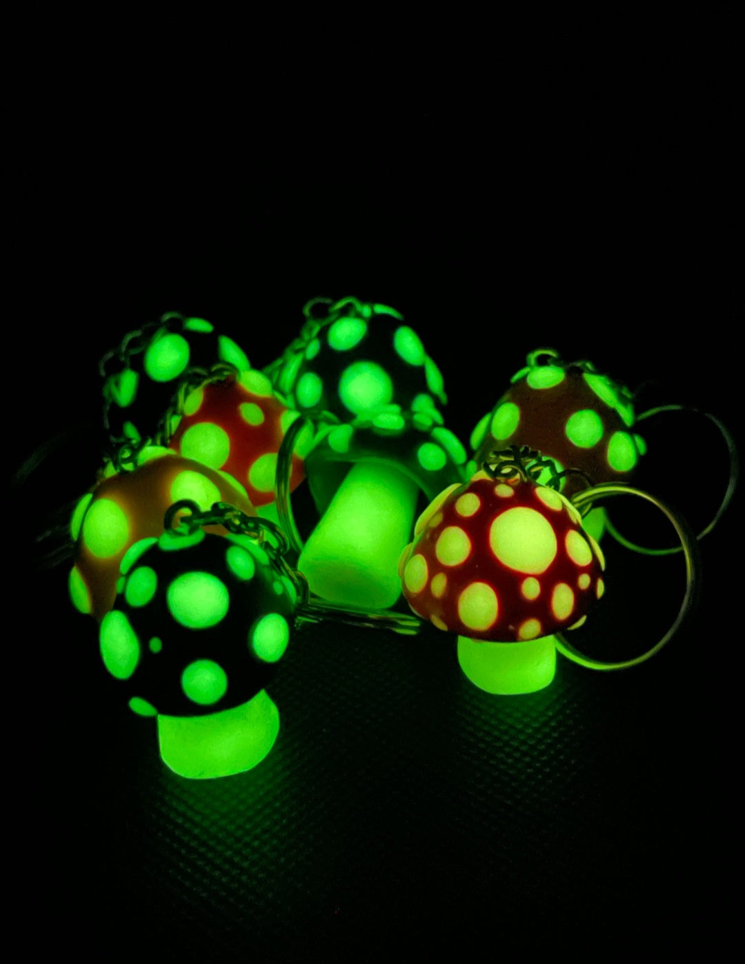 Glow-in-the-Dark Spotted Mushroom Keychain Charm  Blacklight, UV reactive, glow