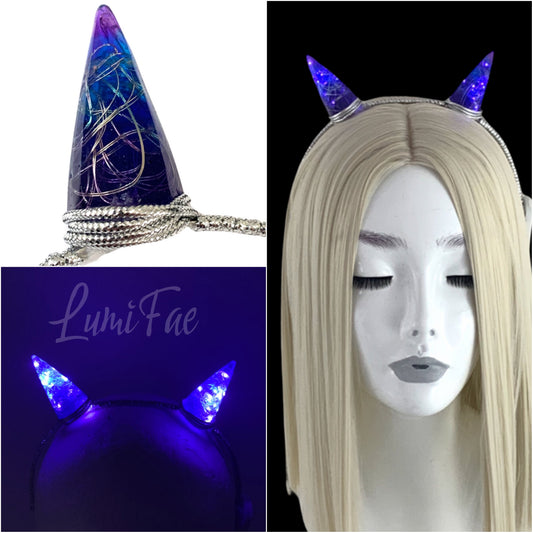 Magical Purple Blue LED Horns Headband wrapped with silver cord, Sorceress, One-of-a-Kind