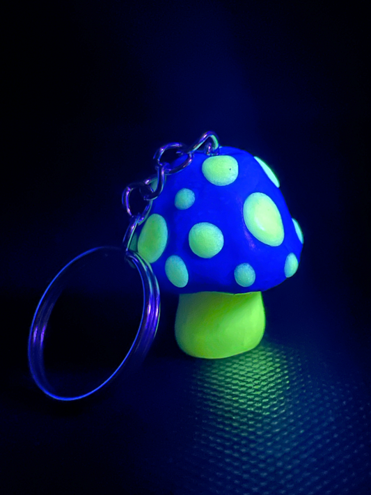 Glow-in-the-Dark Spotted Mushroom Keychain Charm  Blacklight, UV reactive, glow