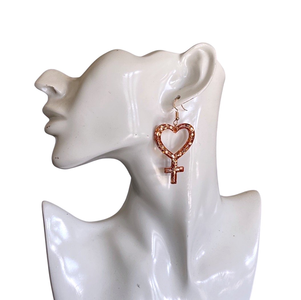 Rose Gold Copper Glitter Heart Female Symbol Girl Power Earrings - LumiFae