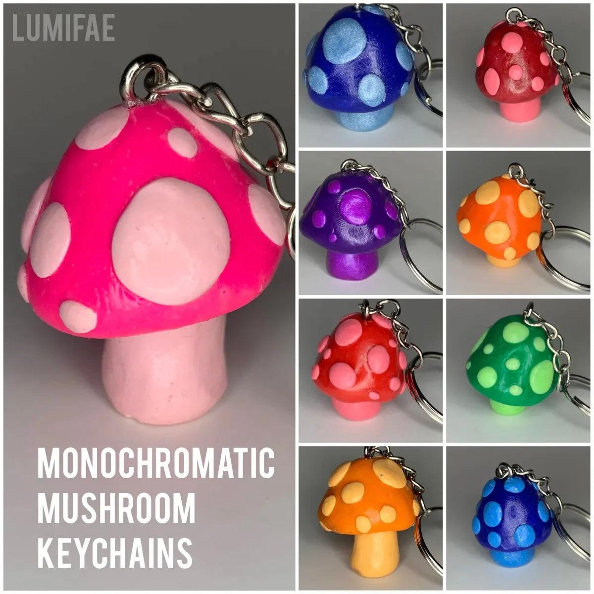 Sparkly Dark Red Monochromatic Spotted Mushroom Keychains, cartoon, stylized, cute