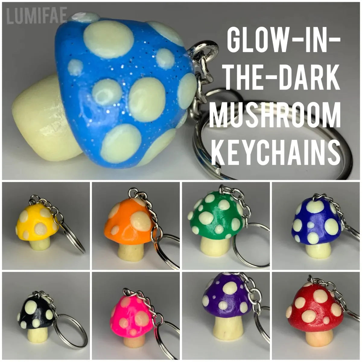 Glittery Bright Blue and Glow-in-the-Dark Spotted Mushroom Keychains, cute, cartoon, stylized, Blacklight, UV reactive, glow