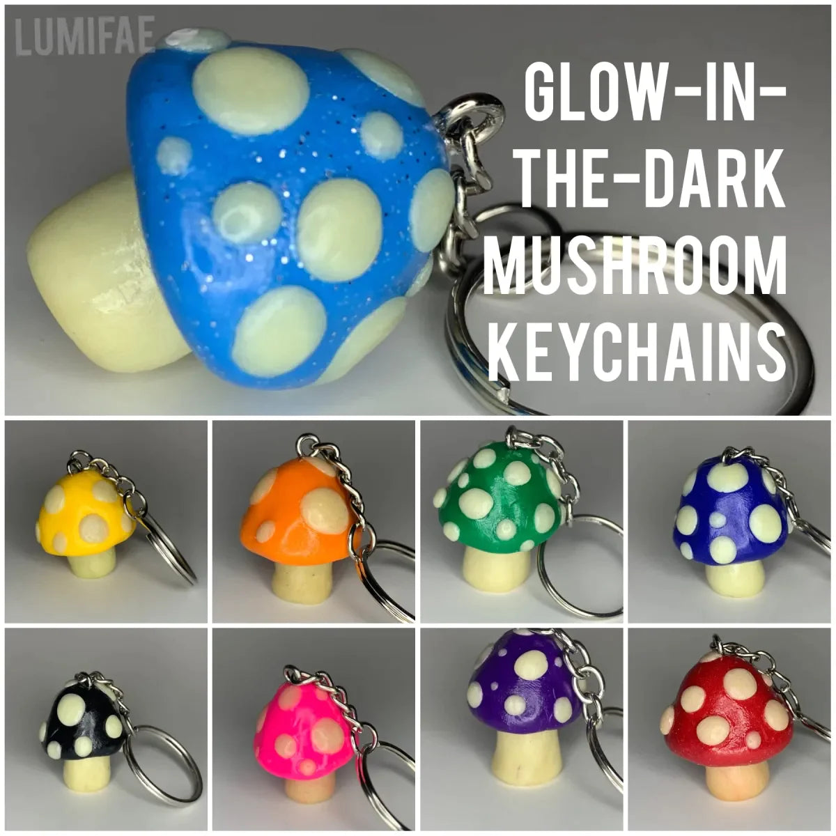 Glow-in-the-Dark Spotted Mushroom Keychain Charm  Blacklight, UV reactive, glow