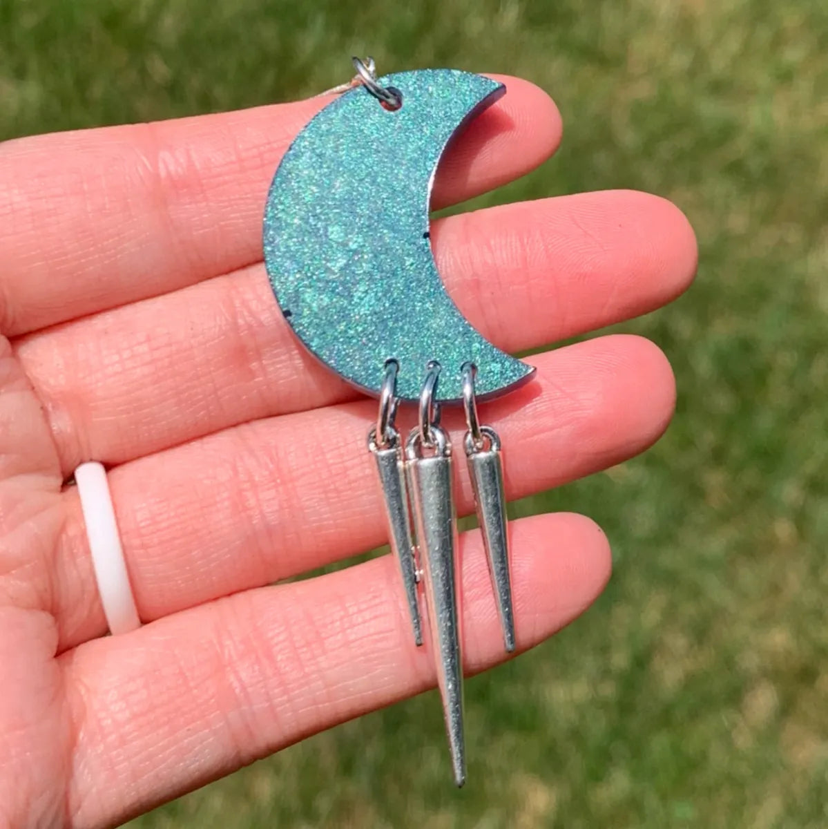 Metallic Green Moon Earrings with Spikes