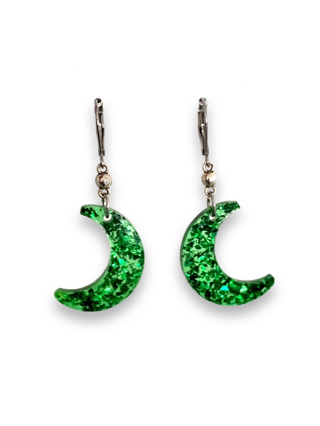 Sparkly Green Glitter Filled Crescent Moon Earrings with Stainless Steel Clasps - LumiFae