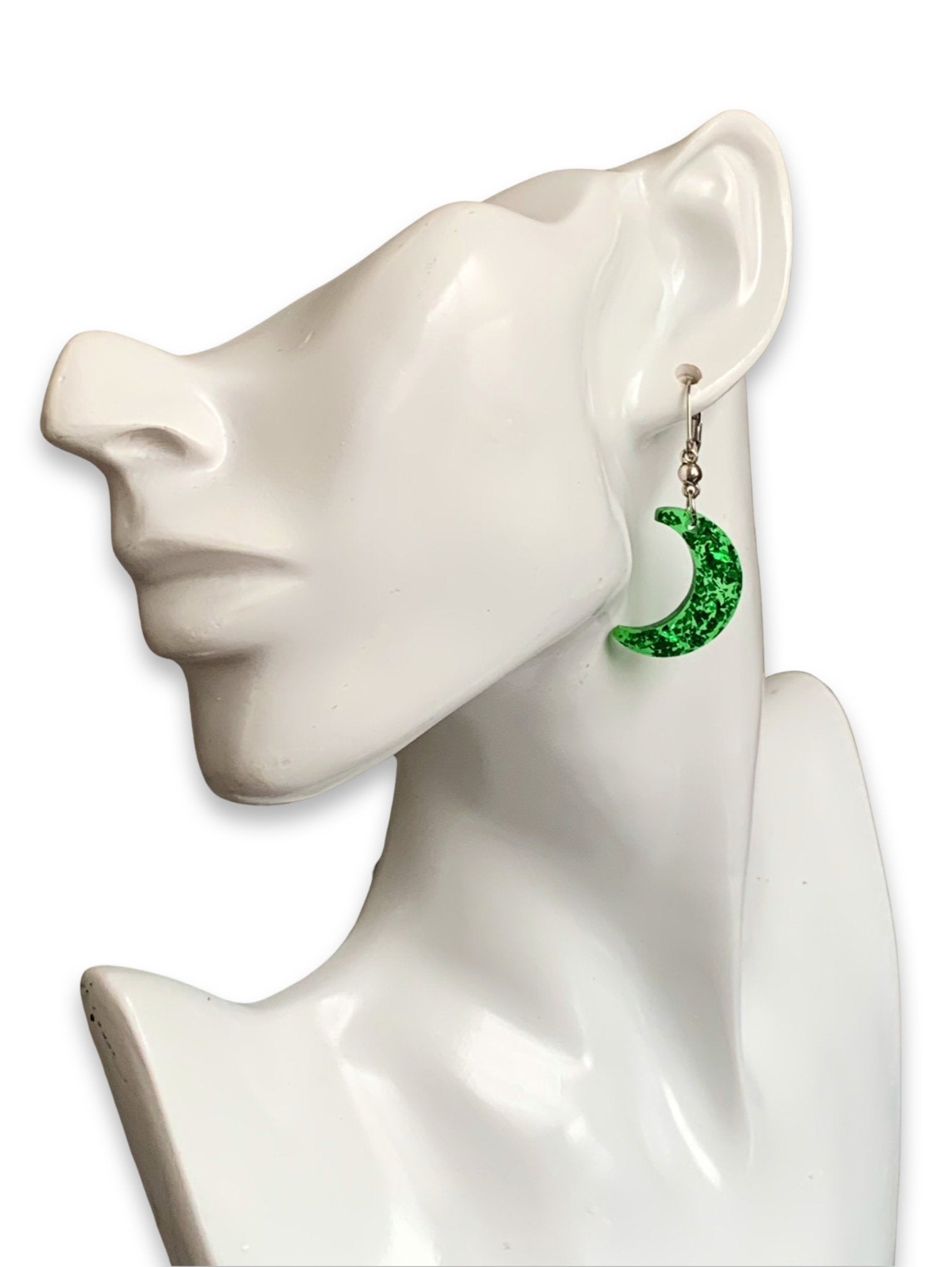 Sparkly Green Glitter Filled Crescent Moon Earrings with Stainless Steel Clasps - LumiFae