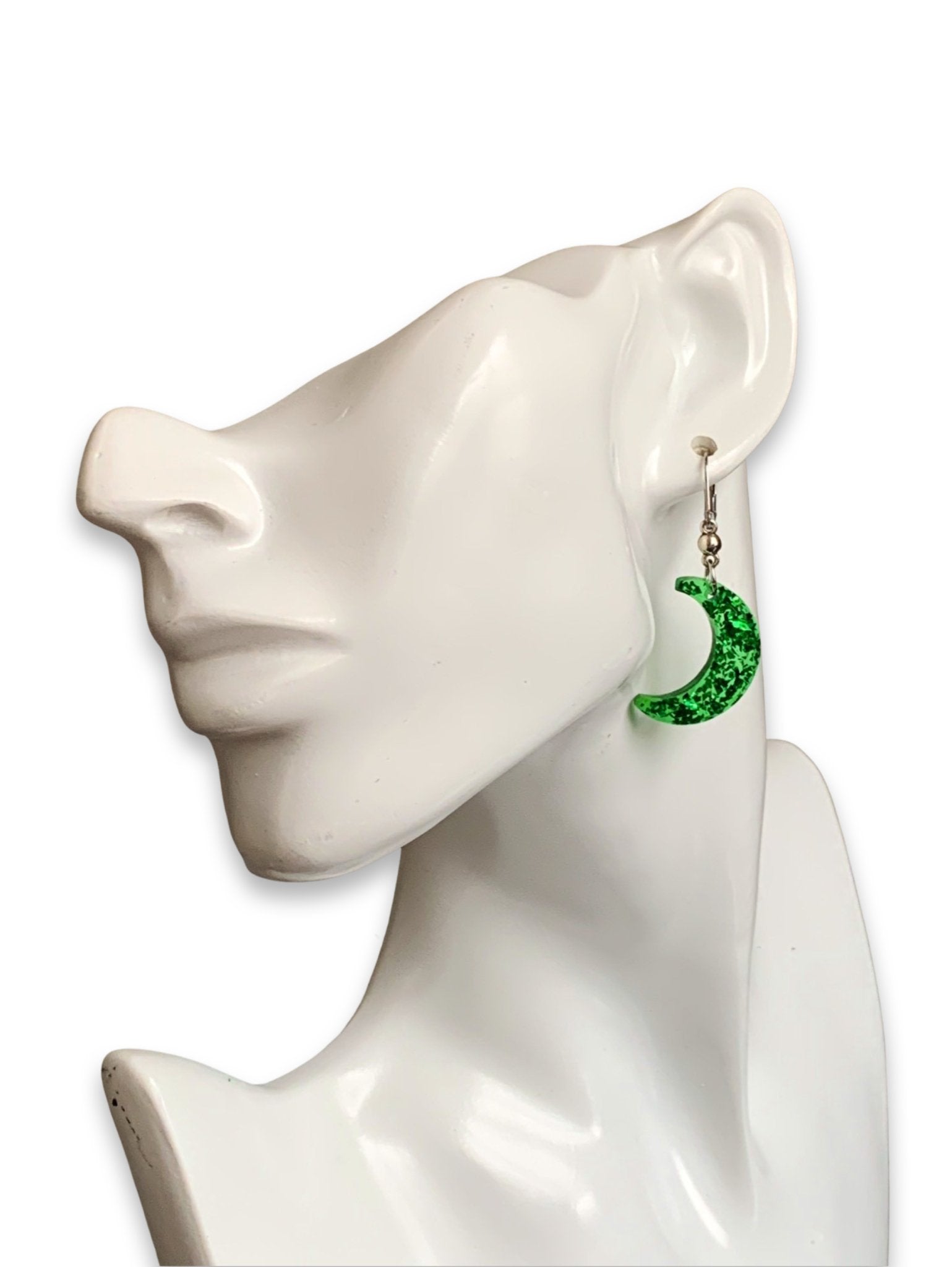 Sparkly Green Glitter Filled Crescent Moon Earrings with Stainless Steel Clasps - LumiFae