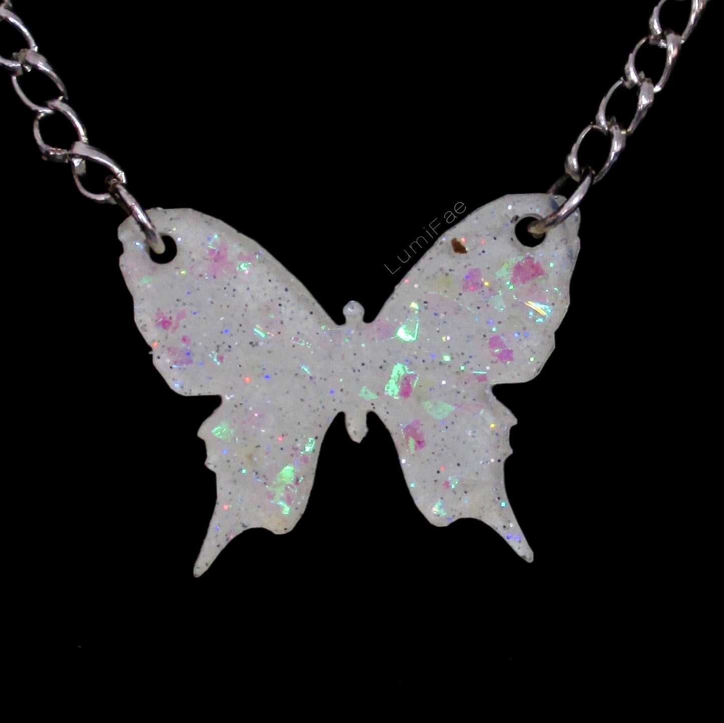 Sparkly Off White Butterfly Necklaces with Iridescent Glitter - LumiFae