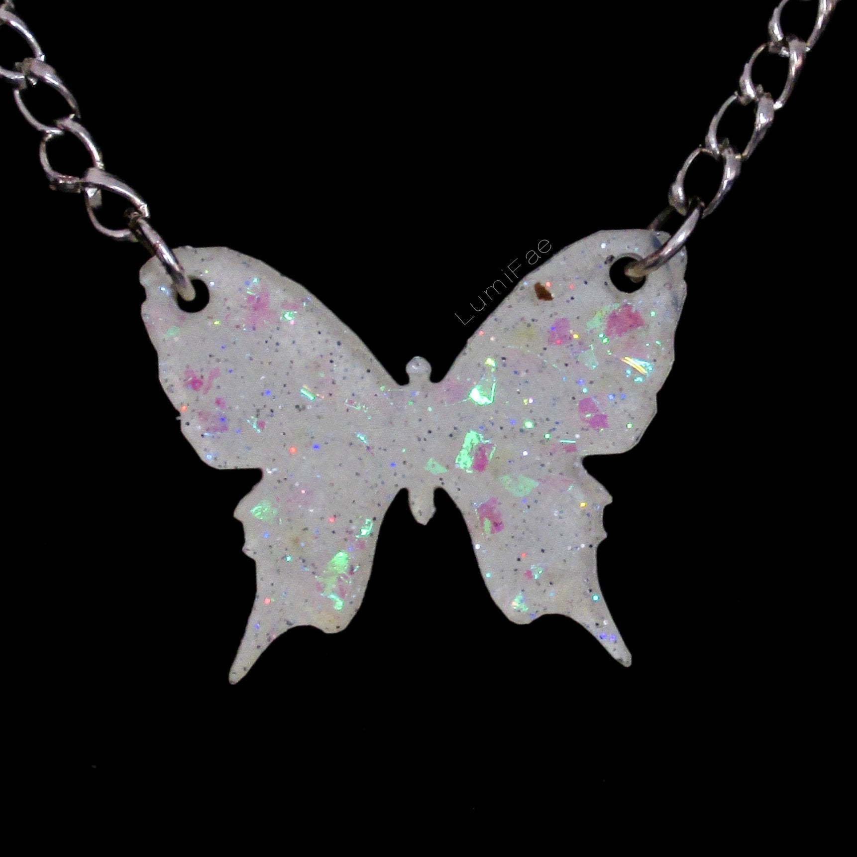 Sparkly Off White Butterfly Necklaces with Iridescent Glitter - LumiFae