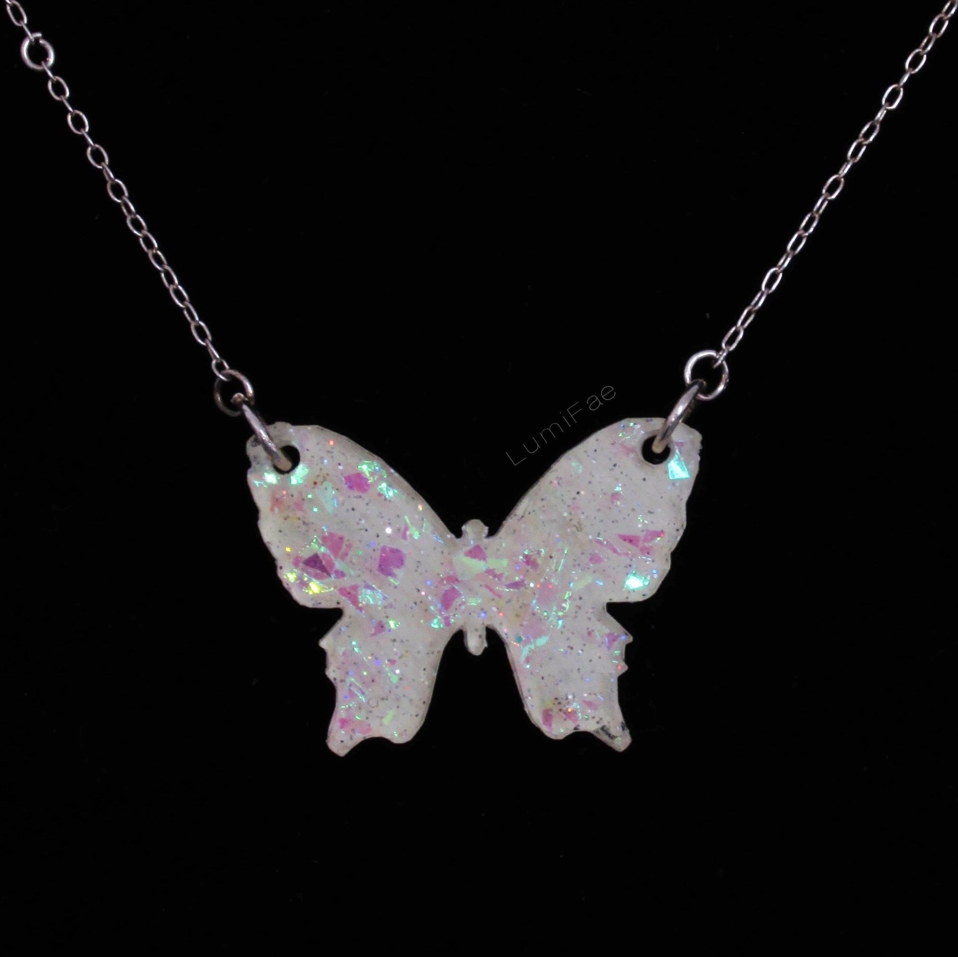 Sparkly Off White Butterfly Necklaces with Iridescent Glitter - LumiFae