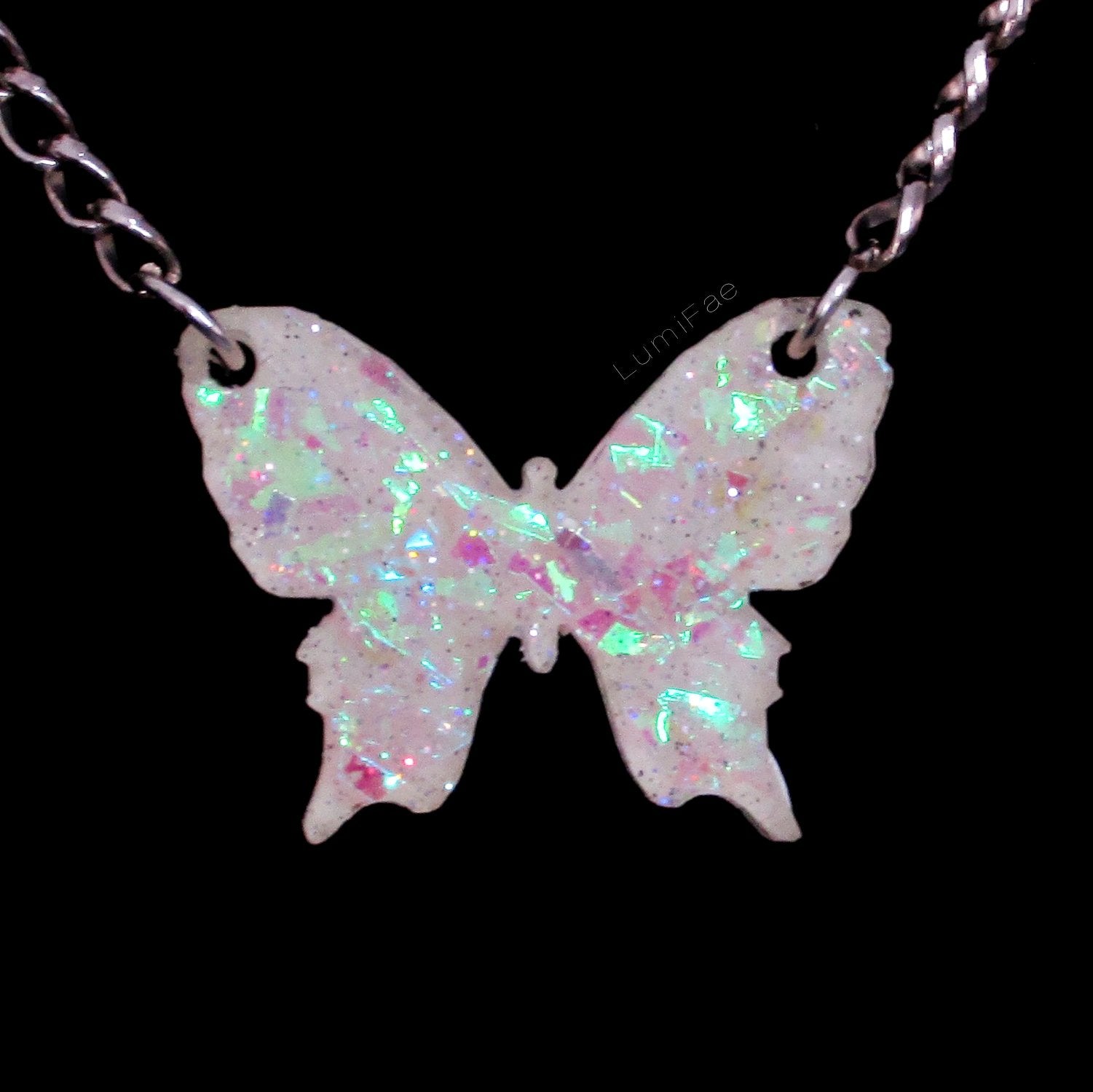 Sparkly Off White Butterfly Necklaces with Iridescent Glitter - LumiFae