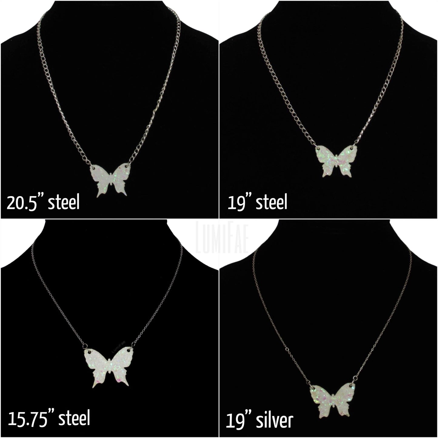 Sparkly Off White Butterfly Necklaces with Iridescent Glitter - LumiFae