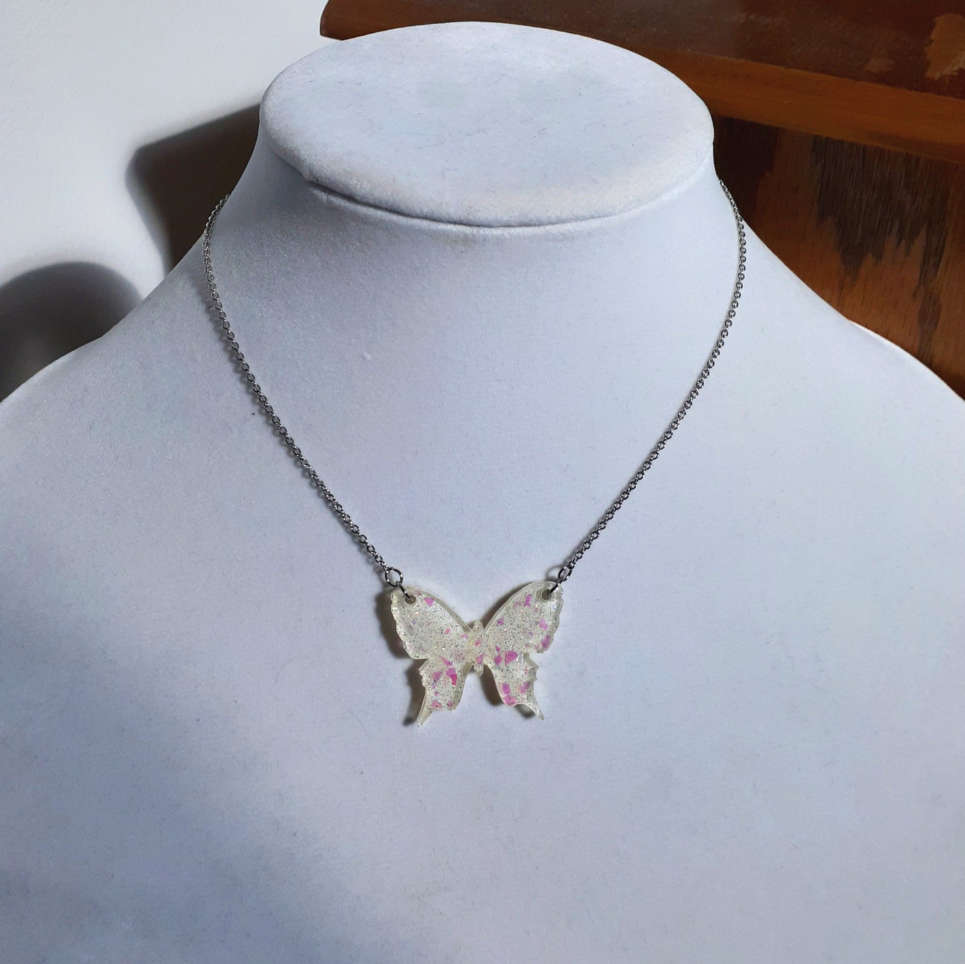 Sparkly Off White Butterfly Necklaces with Iridescent Glitter - LumiFae