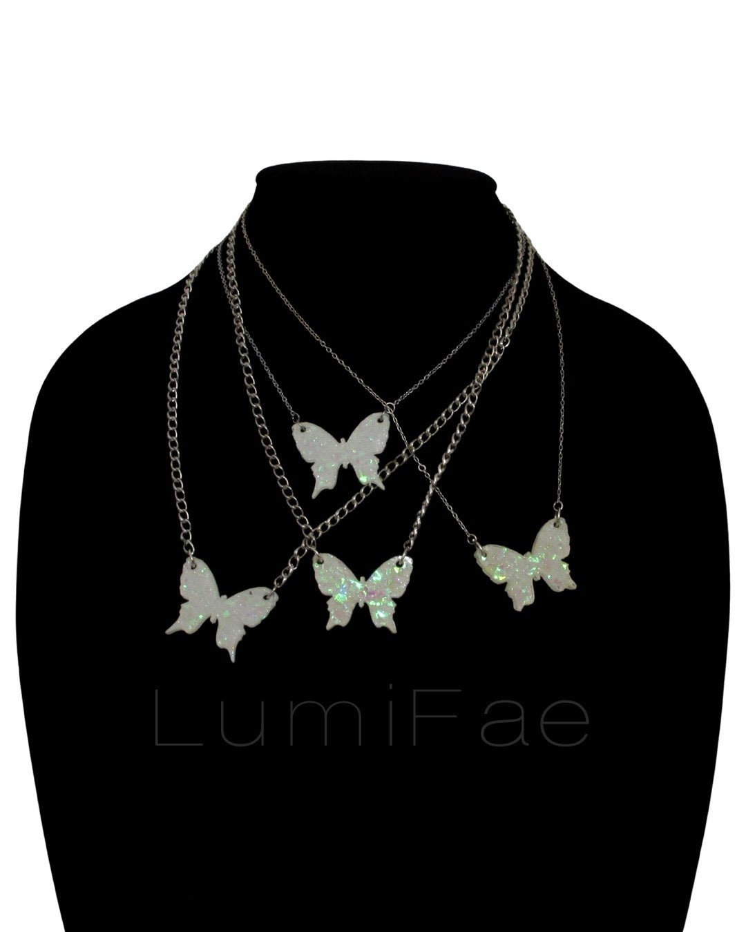 Sparkly Off White Butterfly Necklaces with Iridescent Glitter - LumiFae