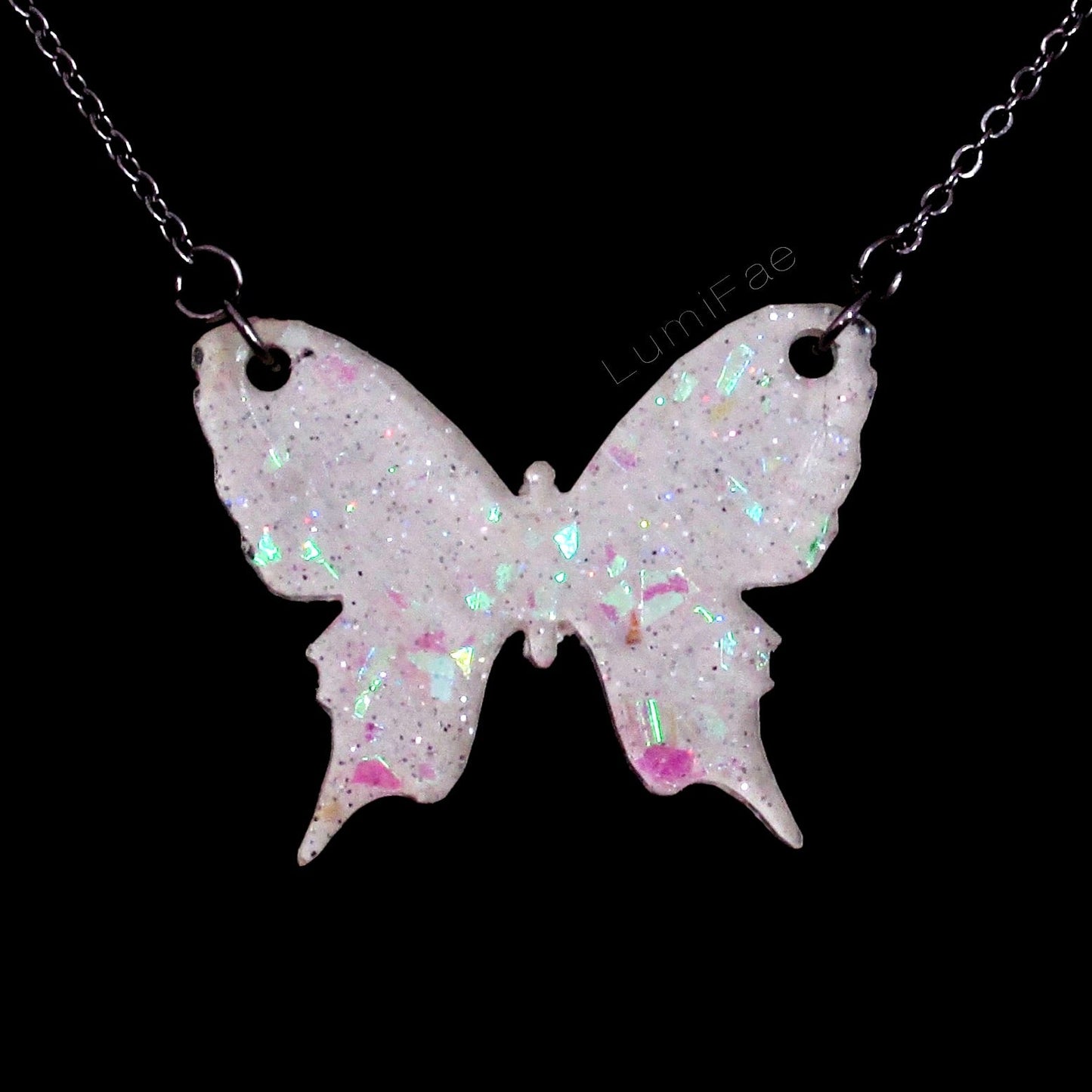 Sparkly Off White Butterfly Necklaces with Iridescent Glitter - LumiFae