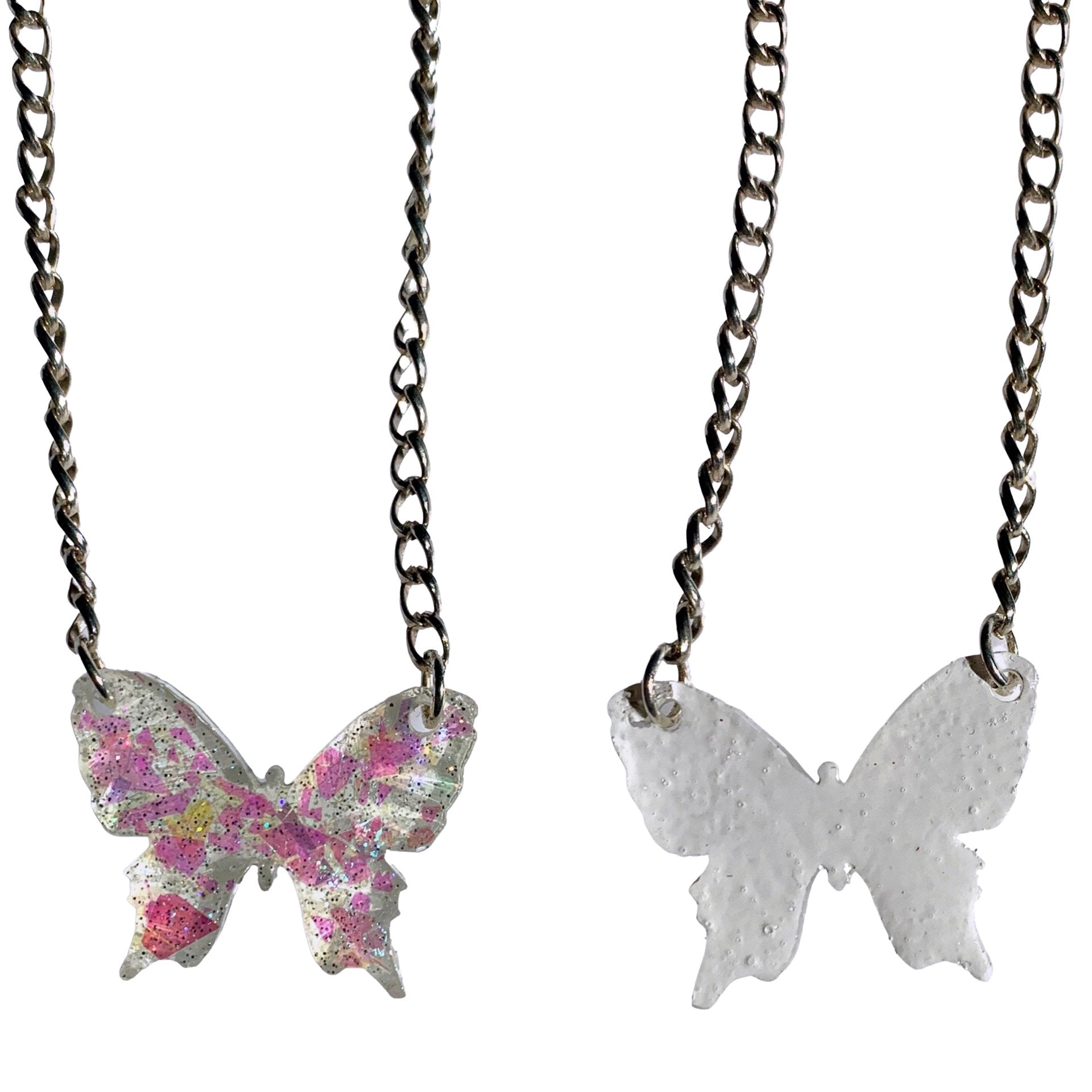 Sparkly Off White Butterfly Necklaces with Iridescent Glitter - LumiFae