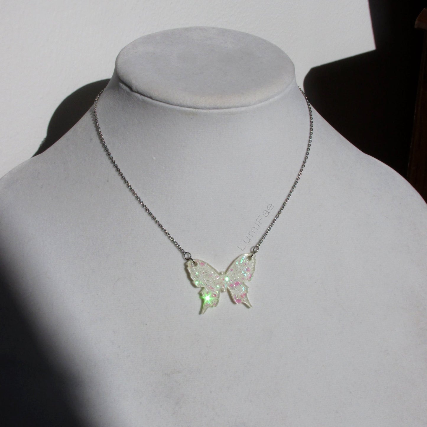 Sparkly Off White Butterfly Necklaces with Iridescent Glitter - LumiFae