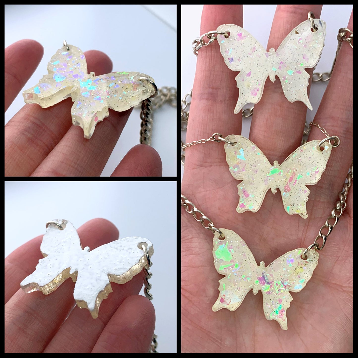 Sparkly Off White Butterfly Necklaces with Iridescent Glitter - LumiFae