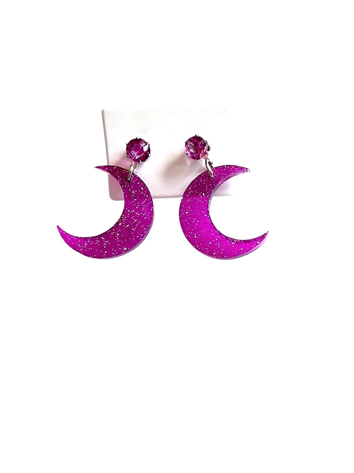 Sparkly Purple Gem Moon Studs, Glitter, Earrings, Crescent - LumiFae