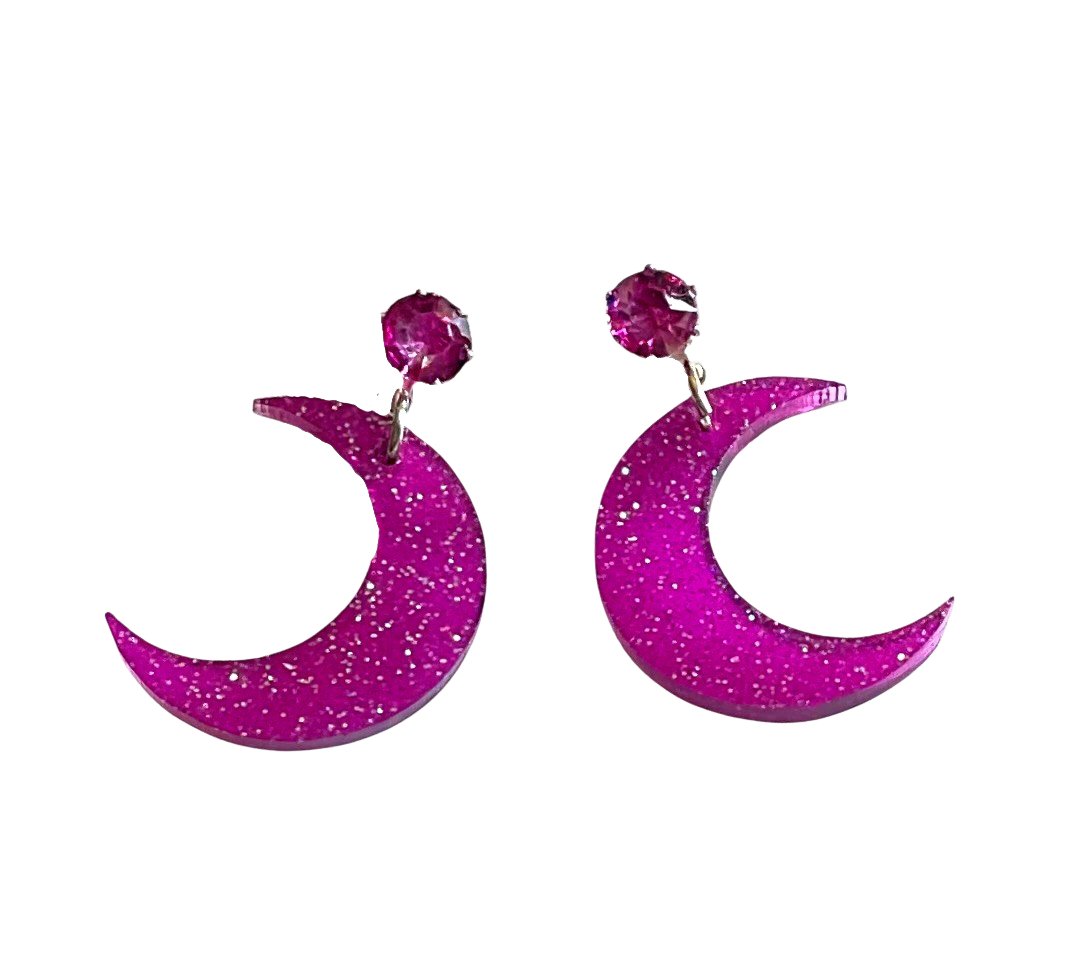 Sparkly Purple Gem Moon Studs, Glitter, Earrings, Crescent - LumiFae