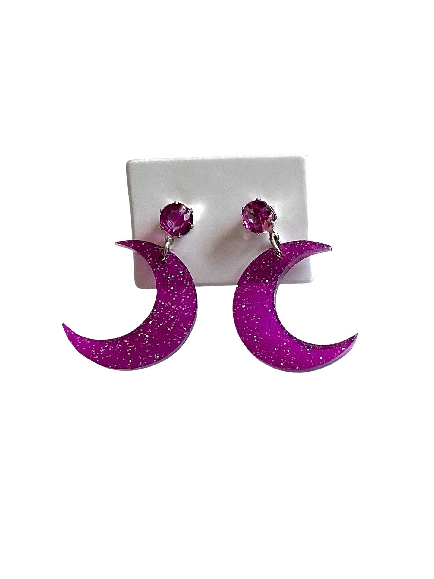 Sparkly Purple Gem Moon Studs, Glitter, Earrings, Crescent - LumiFae