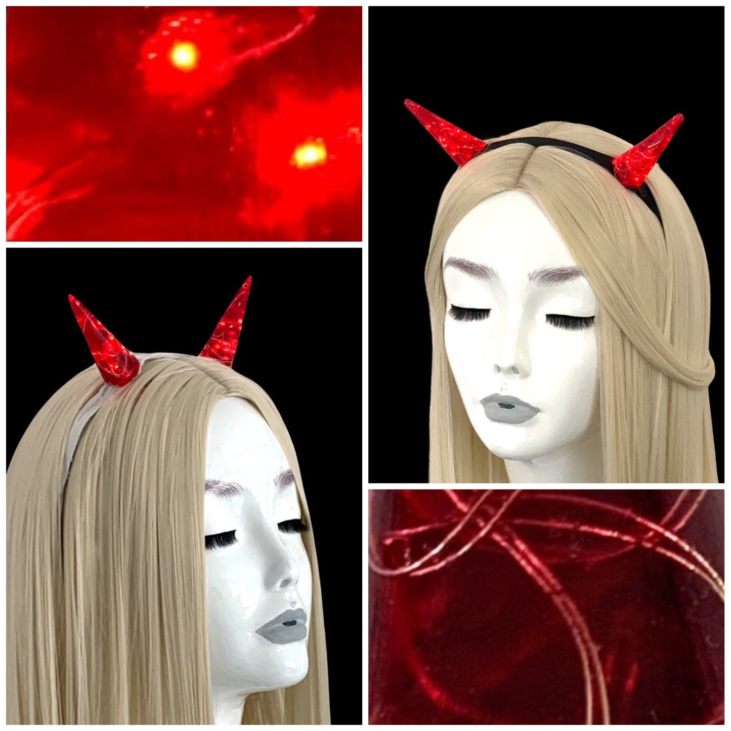 Tall Red LED Horns on elastic white, or black headband - LumiFae