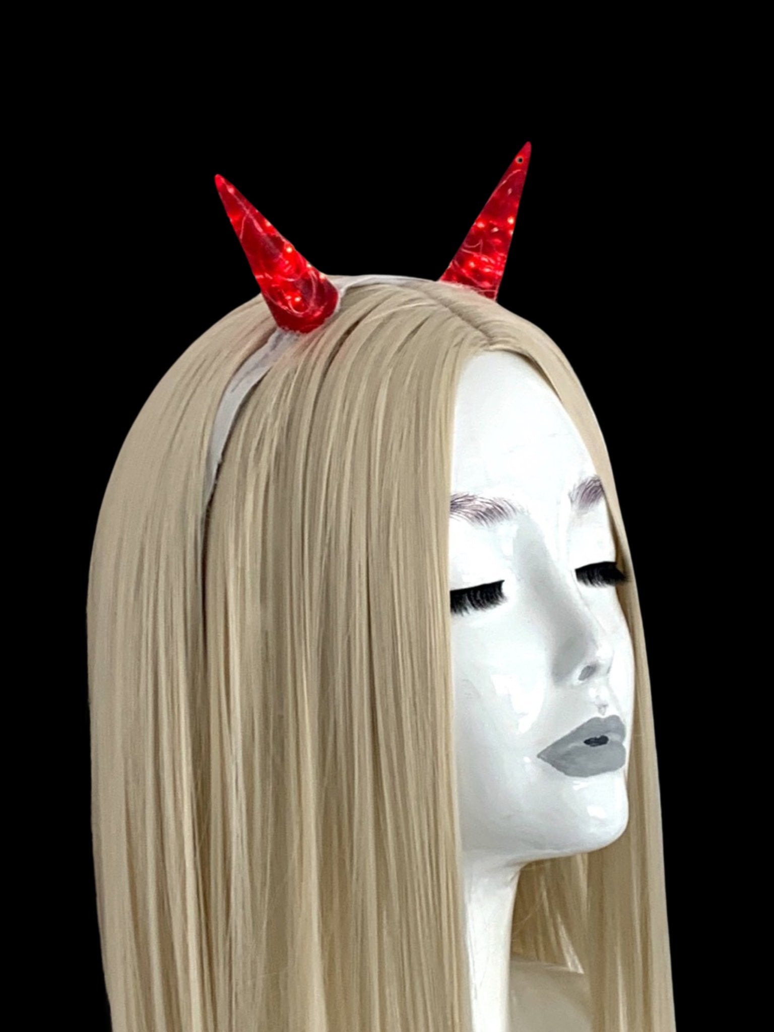 Tall Red LED Horns on elastic white, or black headband - LumiFae