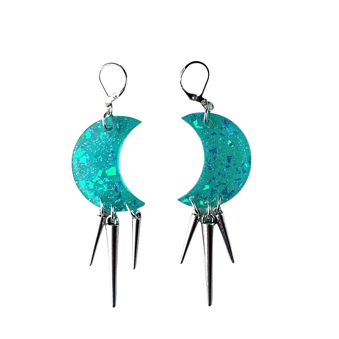 Teal Glitter Moon Earrings with Spikes - LumiFae