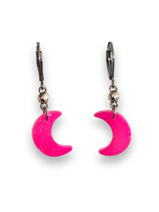 Tiny Hot Pink Crescent Moon Earrings on Stainless Steel Clasp Earrings - LumiFae