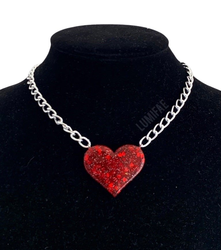 Ultra Sparkle Red Heart Choker, Silver Chain - LumiFae