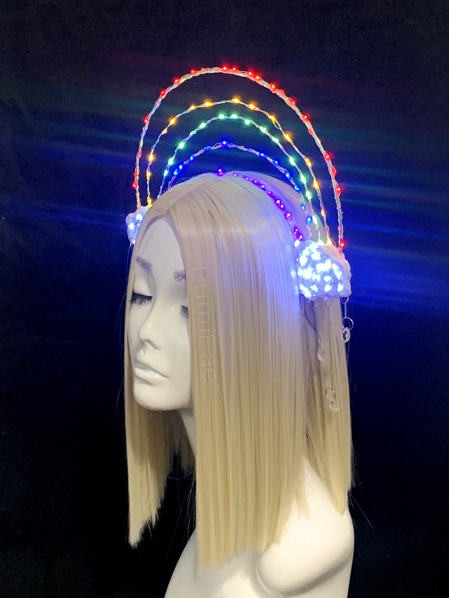 Glowing LED Rainbow Headpiece Crown with Clouds and Crystal Raindrops, Light Up