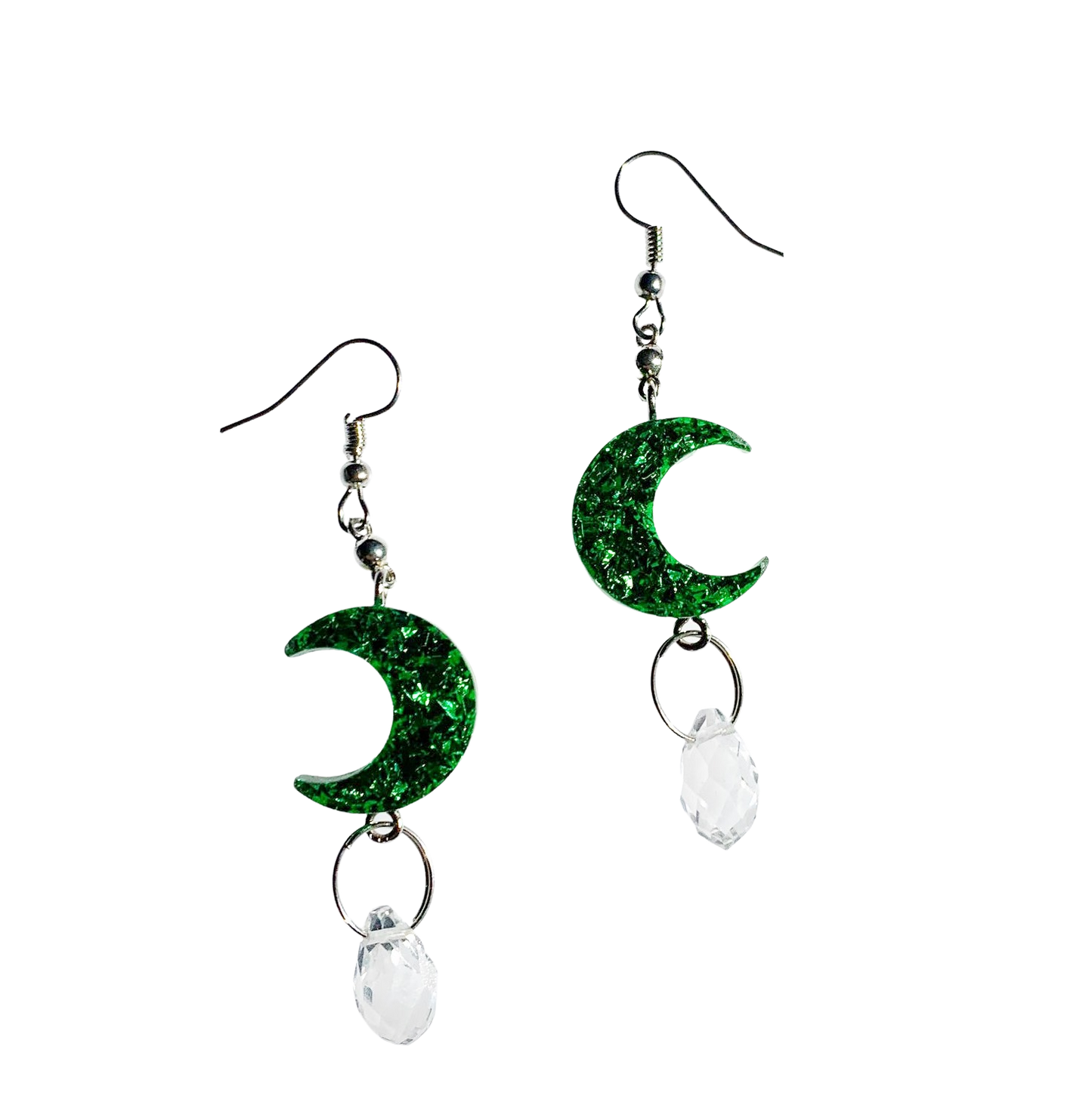 Spring Green Sparkle Moon Crystal Teardrop Earrings