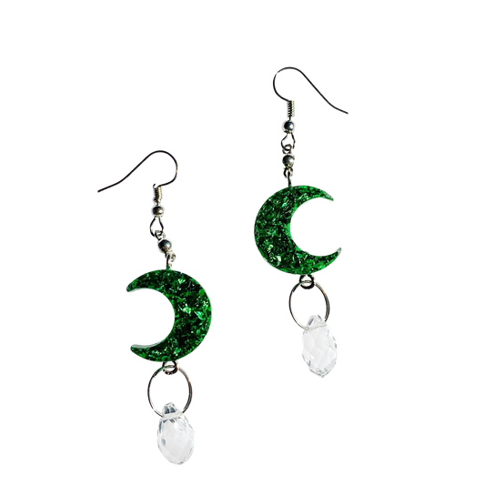 Green Sparkle Moon Crystal Teardrop Earrings