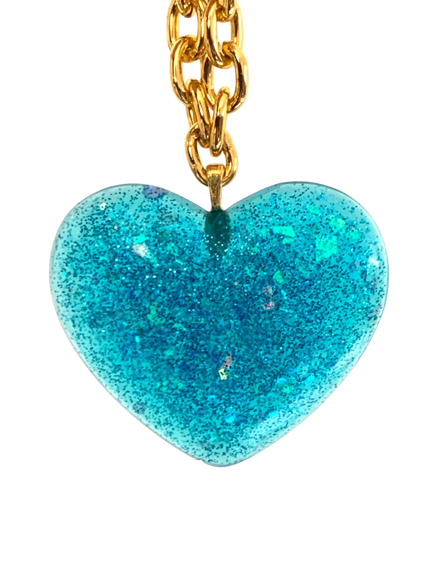 Big Blue Glitter Heart Pendant on thick lightweight Gold Aluminum Chain, 2”