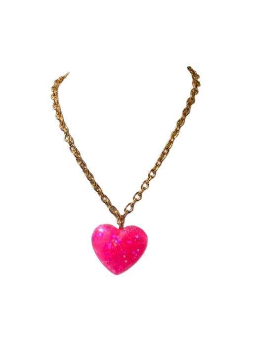 Big Pink Sparkly Heart Pendant on Lightweight Gold Aluminum Chain, 2” - flawed