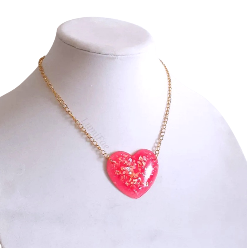 Pink Glitter Heart Necklace on Gold Plated Chain